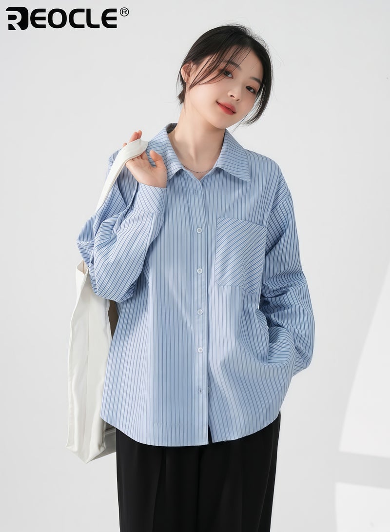 REOCLE Women's Striped Button-Down Shirt Oversized Long Sleeve Collared Blouse with Chest Pocket Casual Office Wear Top for Daily & Formal Occasions - Image 4