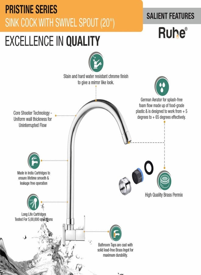 روهي صنبور حوض Ruhe® Pristine مع صنبور دوار مرن، مثبت على الحائط مقاس 20 بوصة بلمسة نهائية من الكروم لأحواض المطبخ - Image 3