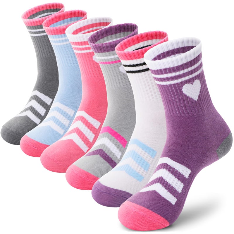 ANTSANG Kids Boys Girls Athletic Cotton Socks, Youth Teen Breathable Soft Crew Socks, 6 Pairs(Striped Heart,9-14 Years) - Image 1