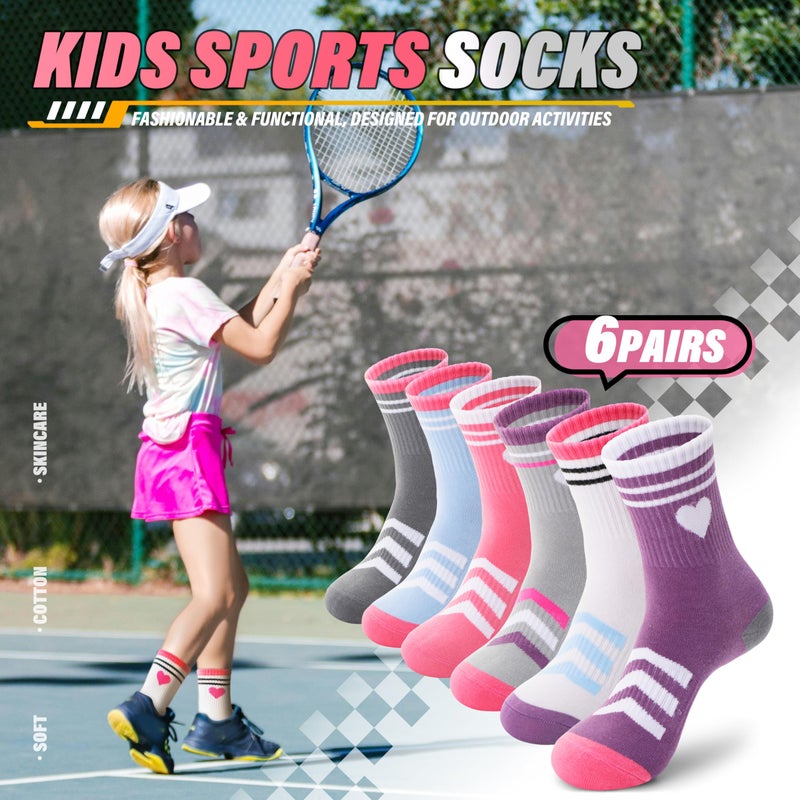 ANTSANG Kids Boys Girls Athletic Cotton Socks, Youth Teen Breathable Soft Crew Socks, 6 Pairs(Striped Heart,9-14 Years) - Image 3
