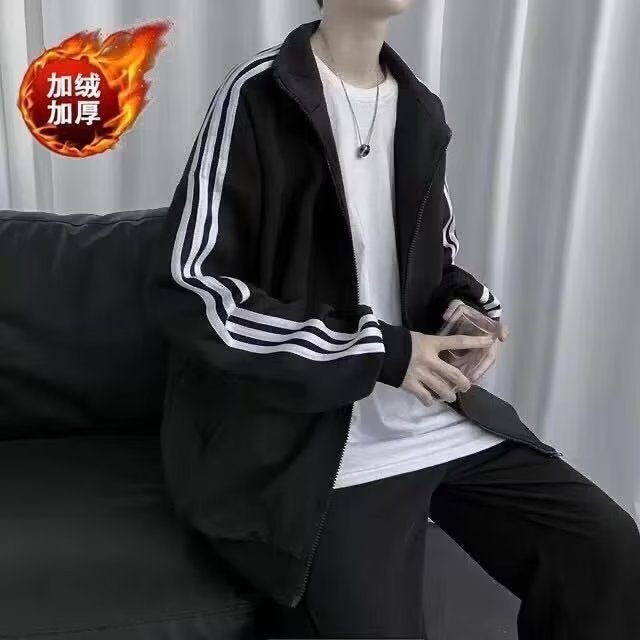 Sports Baseball uniform spring and summer new three bars coat mens and womens Korean-style thin jacket student black womens loose fashion Fleece-lined Black  - Image 1