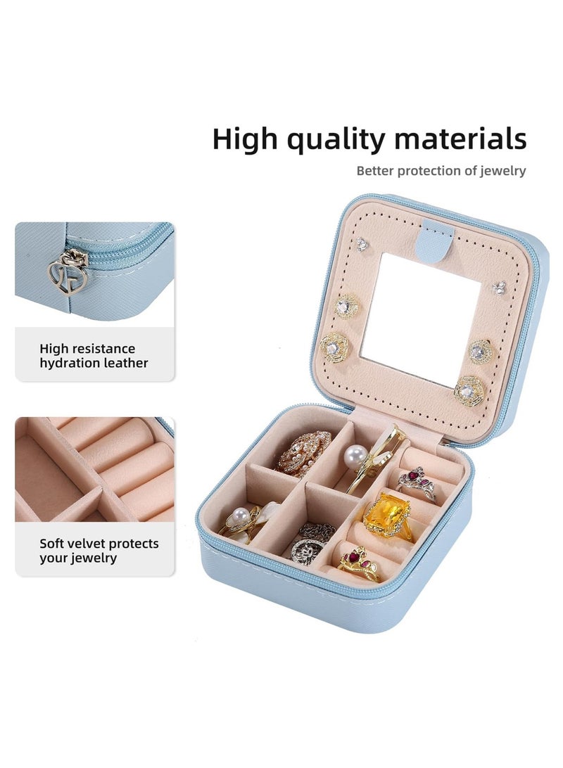 LOOPITYS Travel jewelry box 5-piece set travel jewelry box/storage box/jewelry box/jewelry storage box, accessory storage box suitable for small jewelry storage boxes for girls and women, can store women's rings, earrings, and necklaces; Zipper style mirrored jewelry box (sky blue) - Image 4