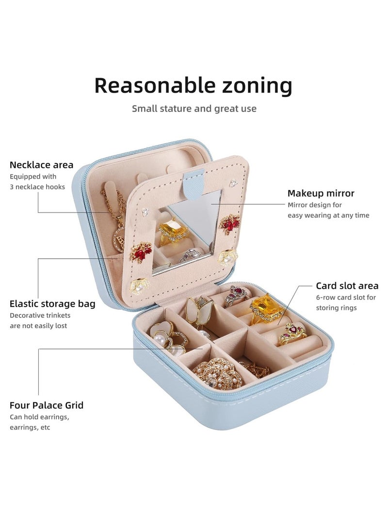 LOOPITYS Travel jewelry box 5-piece set travel jewelry box/storage box/jewelry box/jewelry storage box, accessory storage box suitable for small jewelry storage boxes for girls and women, can store women's rings, earrings, and necklaces; Zipper style mirrored jewelry box (sky blue) - Image 5