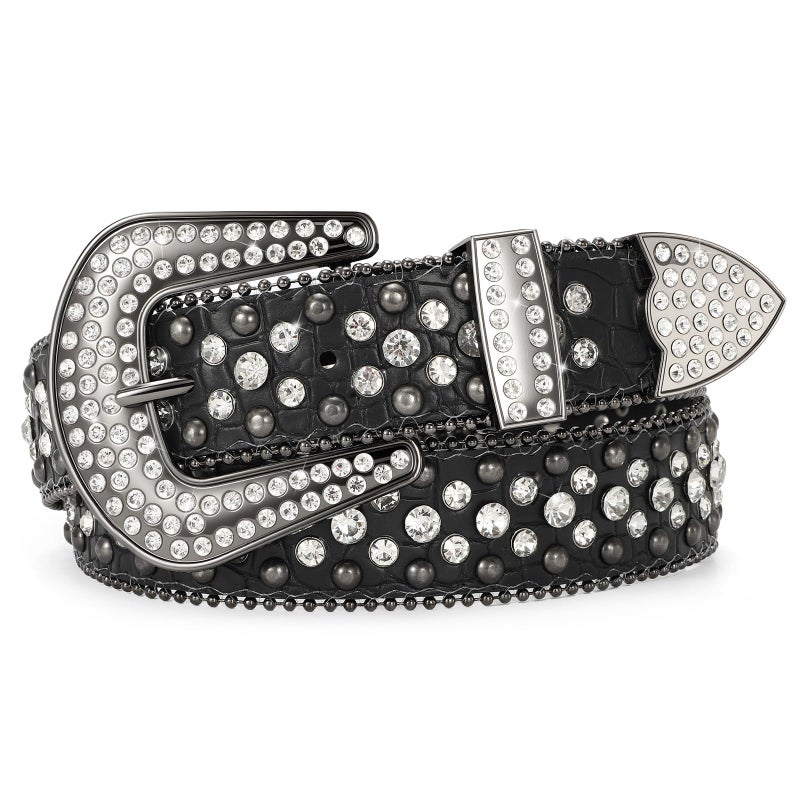 SANSTHS Women Rhinestone Belt for Jeans, Western Cowgirl Bling Studded Belt Faux Crocodile Grain Leather, Black S - Image 1