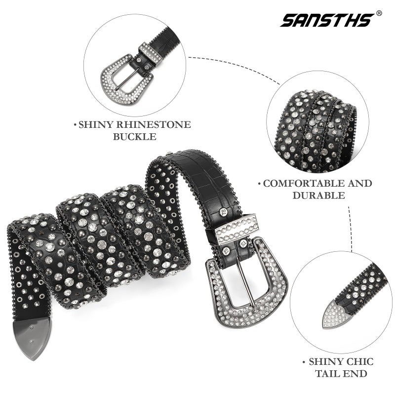 SANSTHS Women Rhinestone Belt for Jeans, Western Cowgirl Bling Studded Belt Faux Crocodile Grain Leather, Black S - Image 4