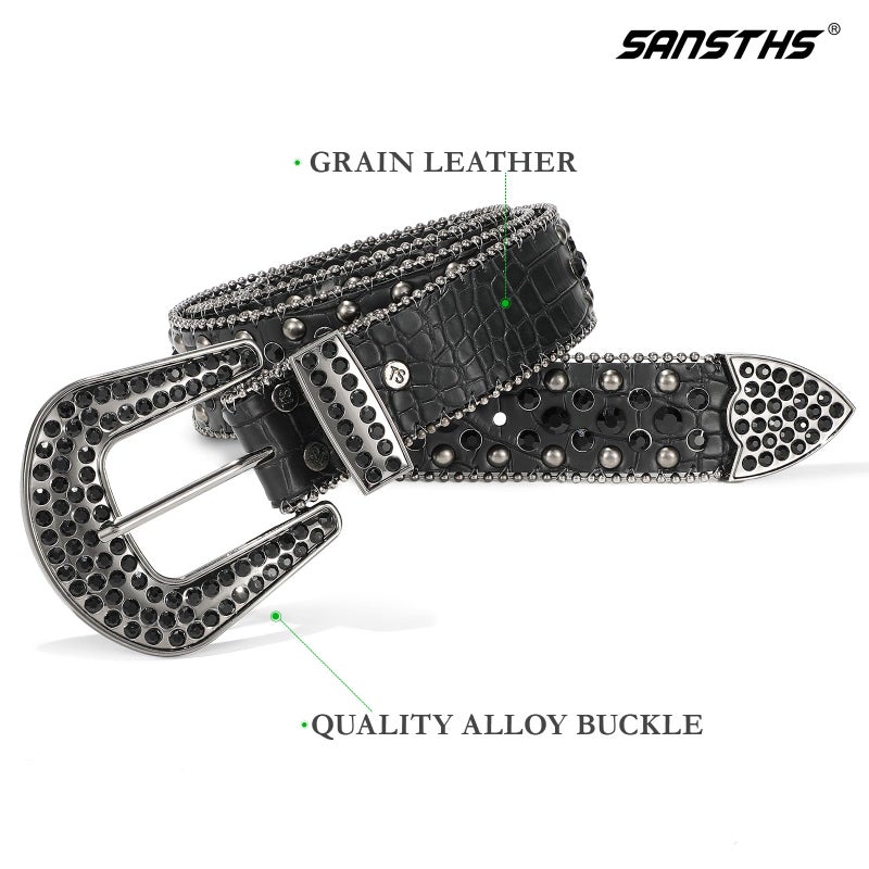 SANSTHS Women Rhinestone Belt for Jeans, Western Cowgirl Bling Studded Belt Faux Crocodile Grain Leather, Black S - Image 3