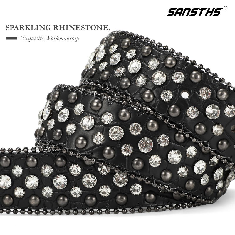 SANSTHS Women Rhinestone Belt for Jeans, Western Cowgirl Bling Studded Belt Faux Crocodile Grain Leather, Black S - Image 2