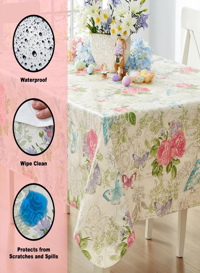 Newbridge Victoria Pastel Rose Floral 60 x 84 Inch Rectangle Vinyl Flannel Backed Tablecloth, Roses and Butterfly French Country Print Vinyl Tablecloth with Flannel Backing, Dining Party - Image 3