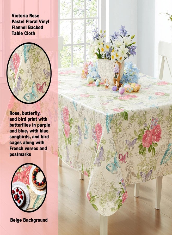Newbridge Victoria Pastel Rose Floral 60 x 84 Inch Rectangle Vinyl Flannel Backed Tablecloth, Roses and Butterfly French Country Print Vinyl Tablecloth with Flannel Backing, Dining Party - Image 2