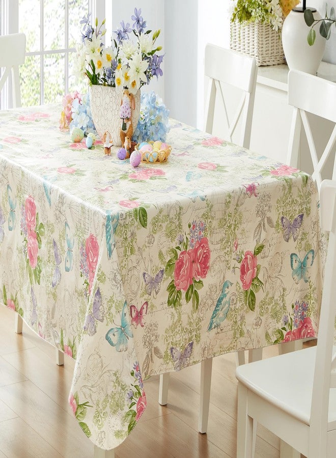 Newbridge Victoria Pastel Rose Floral 60 x 84 Inch Rectangle Vinyl Flannel Backed Tablecloth, Roses and Butterfly French Country Print Vinyl Tablecloth with Flannel Backing, Dining Party - Image 1