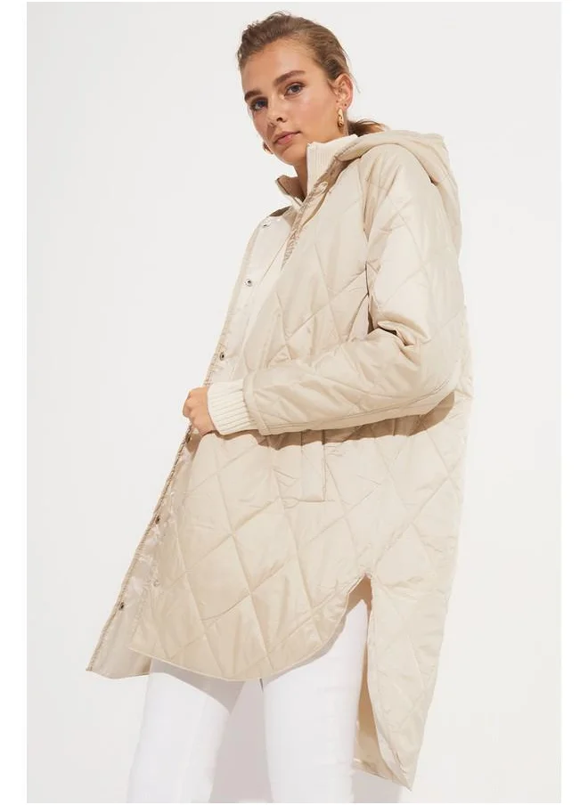 جون June Hooded Quilted Coat Stone