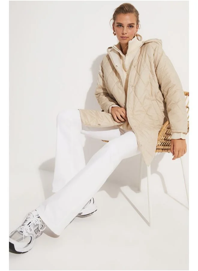 جون June Hooded Quilted Coat Stone