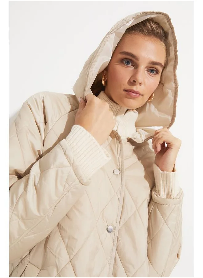 جون June Hooded Quilted Coat Stone