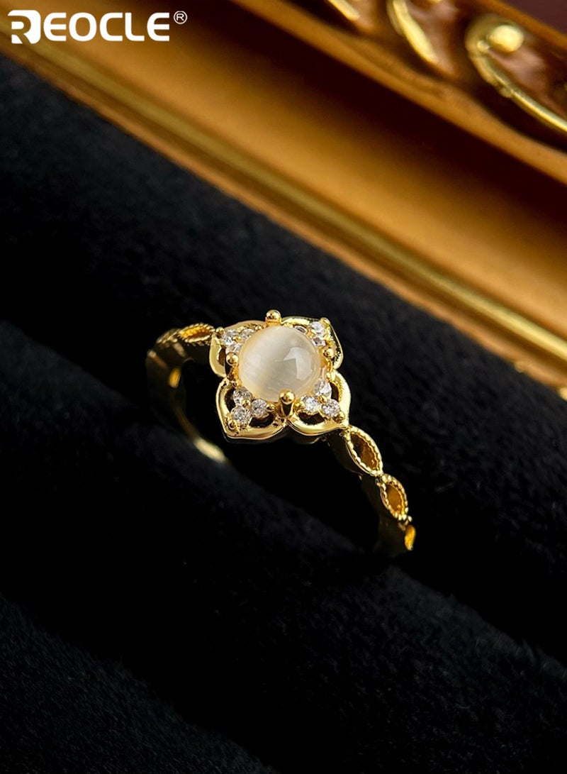 REOCLE Women's Ring Delicate Ornate Band Ring Quatrefoil-Frame Cat's Eye Central Element with Shimmering Details for Daily & Soft Elegant Styling - Image 4