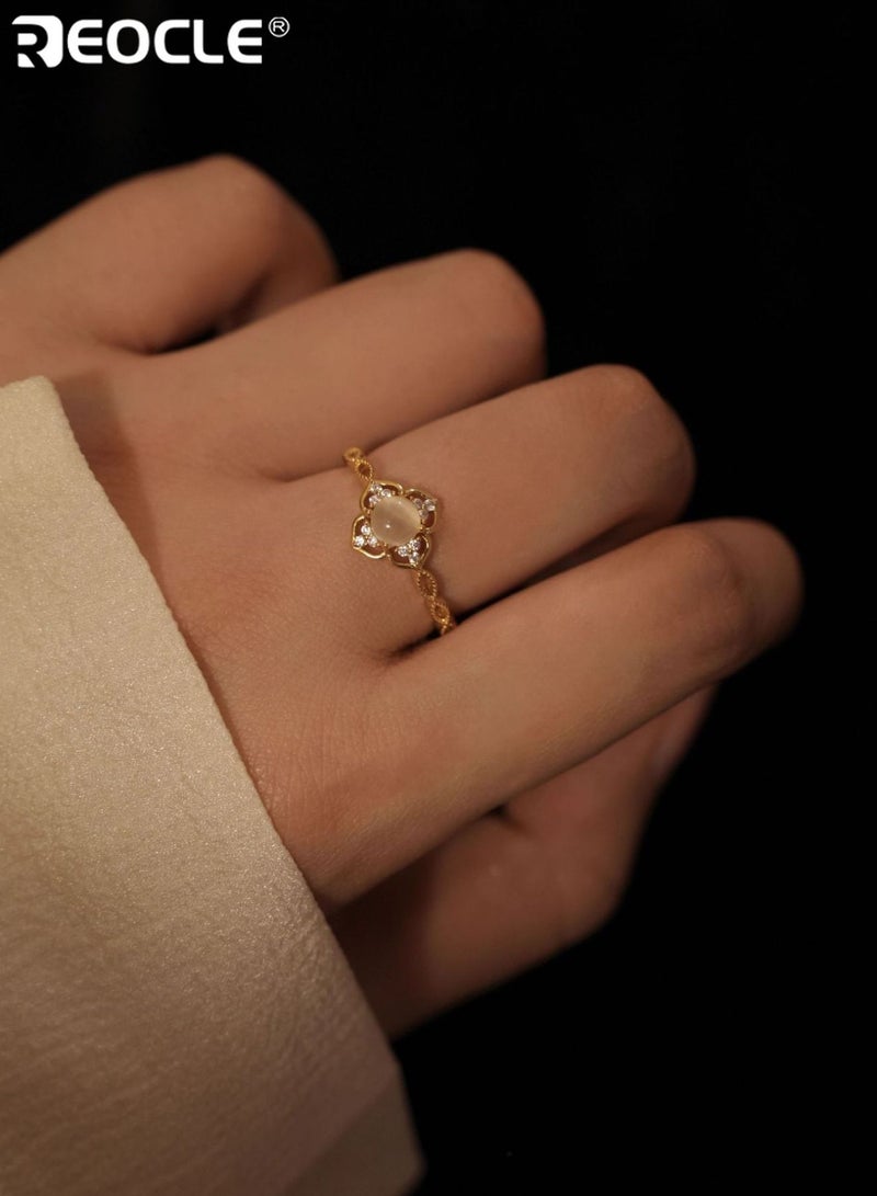 REOCLE Women's Ring Delicate Ornate Band Ring Quatrefoil-Frame Cat's Eye Central Element with Shimmering Details for Daily & Soft Elegant Styling - Image 2