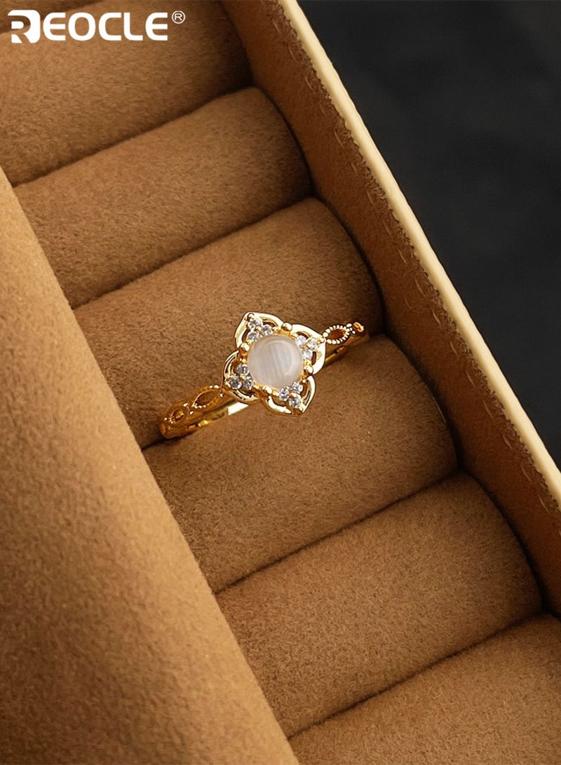 REOCLE Women's Ring Delicate Ornate Band Ring Quatrefoil-Frame Cat's Eye Central Element with Shimmering Details for Daily & Soft Elegant Styling - Image 3