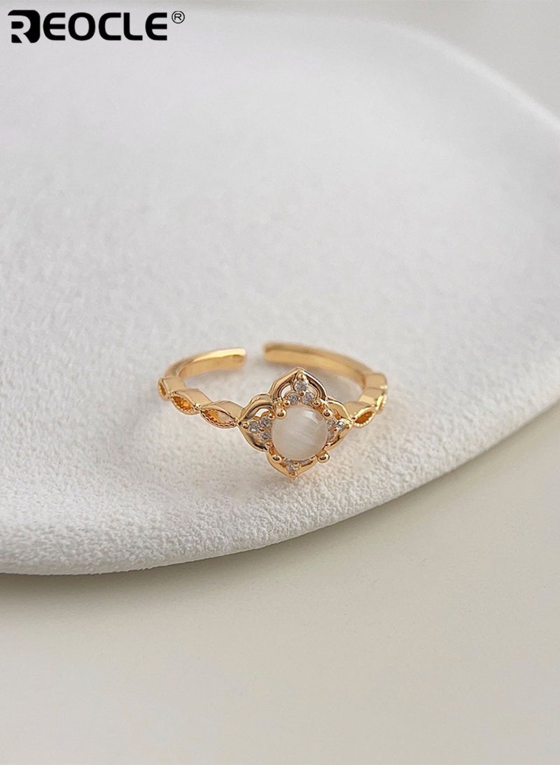 REOCLE Women's Ring Delicate Ornate Band Ring Quatrefoil-Frame Cat's Eye Central Element with Shimmering Details for Daily & Soft Elegant Styling - Image 5