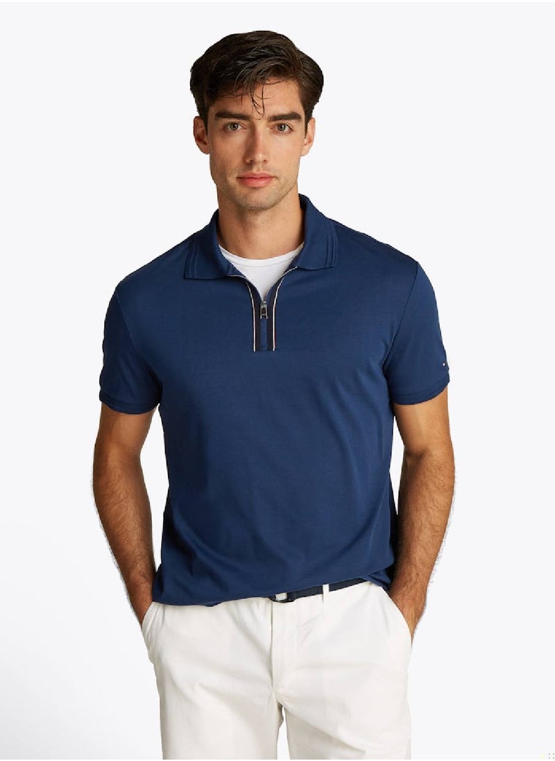 TOMMY HILFIGER - Men's Regular Fit Zip Placket Polo Shirt - Cotton, Blue - Image 1