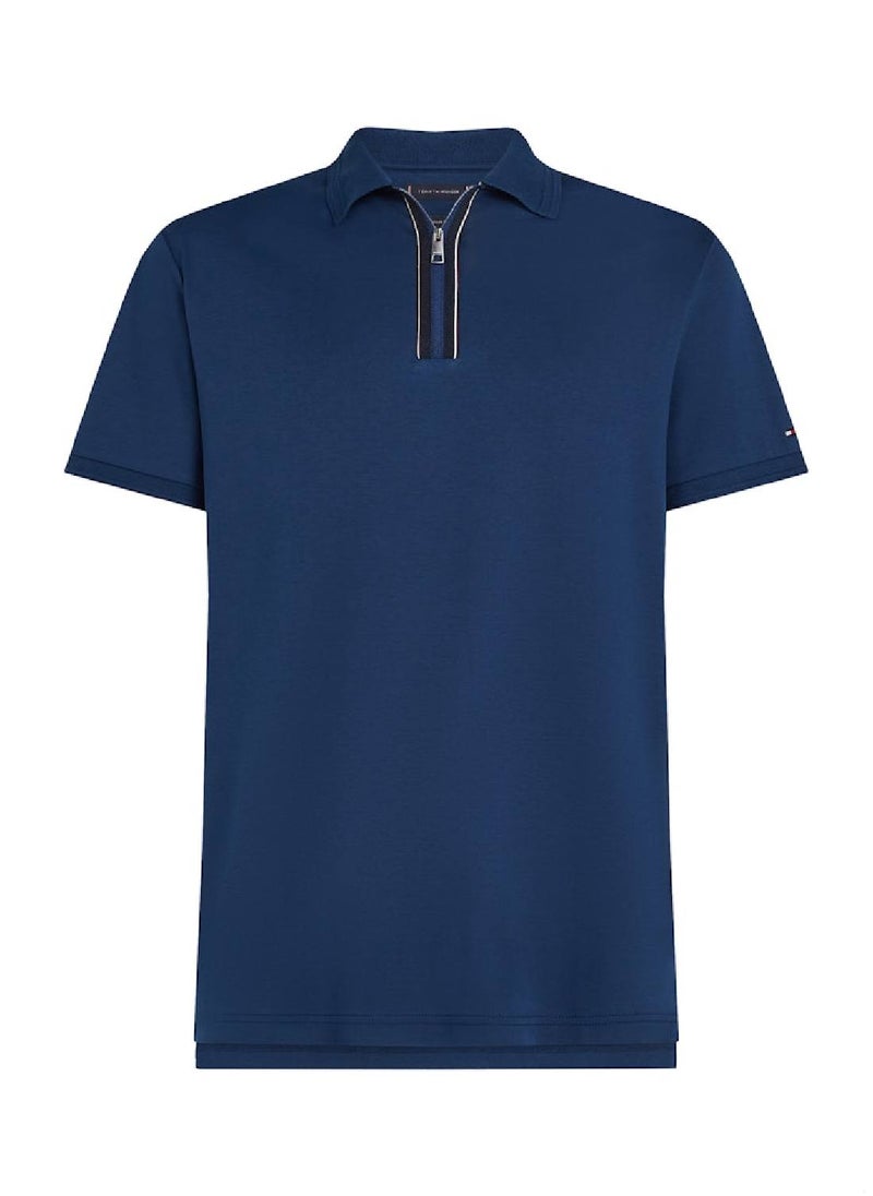 TOMMY HILFIGER - Men's Regular Fit Zip Placket Polo Shirt - Cotton, Blue - Image 1