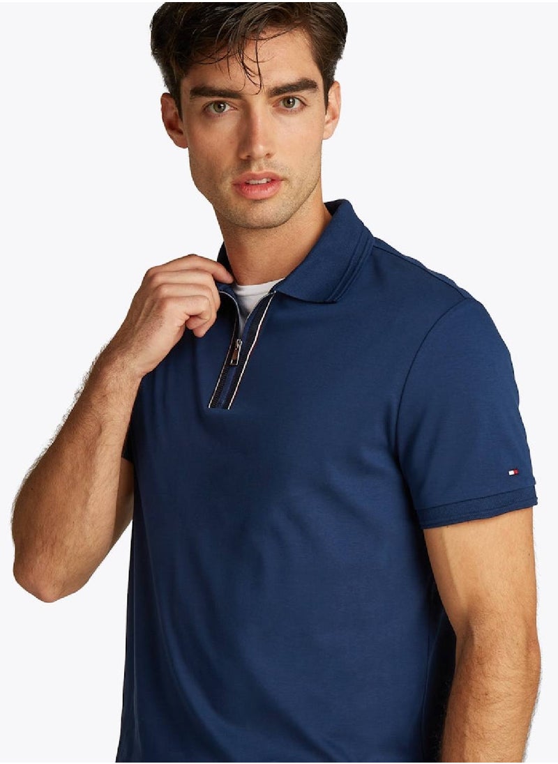 TOMMY HILFIGER - Men's Regular Fit Zip Placket Polo Shirt - Cotton, Blue - Image 1
