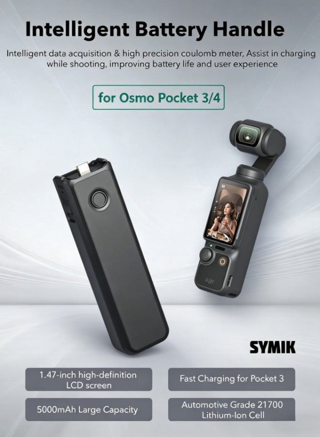 اس واي ام اي كيه مقبض بطارية سعة 5000 مللي أمبير في الساعة لجهاز DJI Osmo Pocket 3 / Pocket 4 – شحن سريع بقدرة 20 وات، شاشة LCD بحجم 1.47 بوصة مع مؤشر ذكي، أمان بتحكم في درجة الحرارة، مقبض طويل الأمد بتصميم تثبيت سريع - Image 2