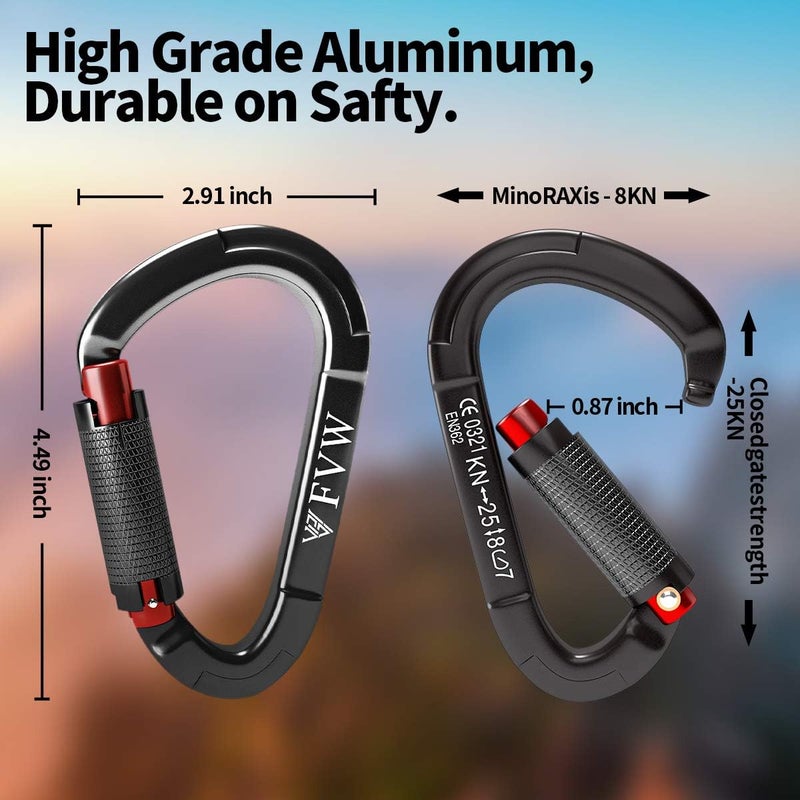 FVW Auto Locking Rock Climbing Carabiner Clips, UIAA Certified Professional 25KN (5620 lbs) Heavy Duty Caribeaners for Rappelling Swing Rescue & Gym etc,Large Carabiners,D-Shaped - Image 2