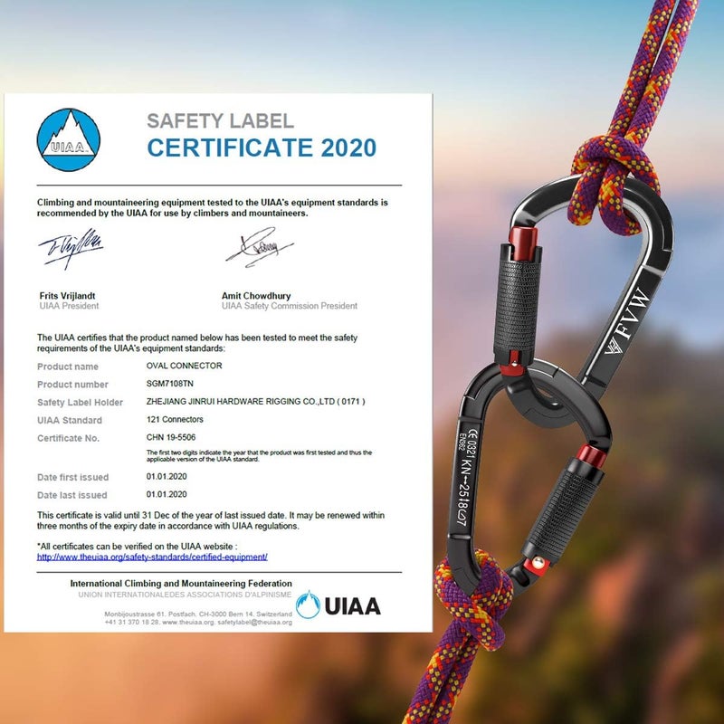 FVW Auto Locking Rock Climbing Carabiner Clips, UIAA Certified Professional 25KN (5620 lbs) Heavy Duty Caribeaners for Rappelling Swing Rescue & Gym etc,Large Carabiners,D-Shaped - Image 5