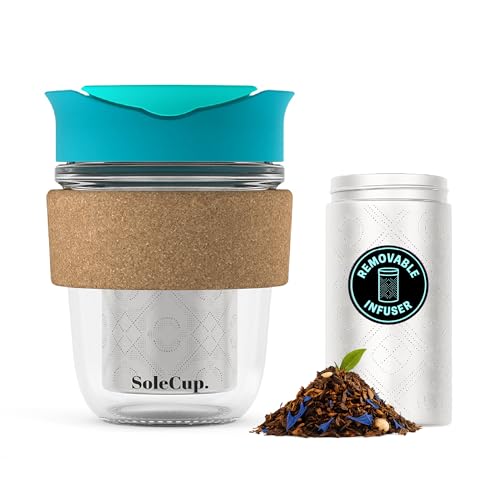 SoleCup. Travel Mug Loose Tea Infuser - Detachable Tea Strainer with Spillproof Lid - BPA-Free Reusable Glass Travel Coffee Cup with Cork Band (Blue, 12oz) - Image 1