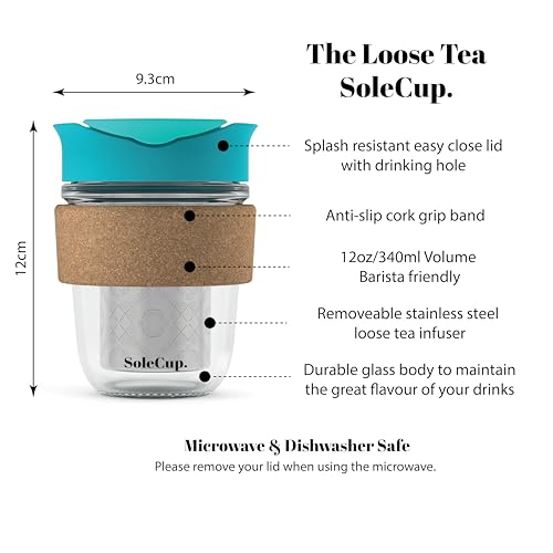 SoleCup. Travel Mug Loose Tea Infuser - Detachable Tea Strainer with Spillproof Lid - BPA-Free Reusable Glass Travel Coffee Cup with Cork Band (Blue, 12oz) - Image 2