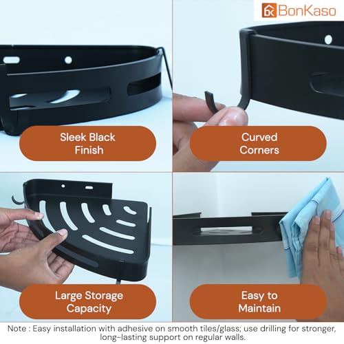 BonKaso 2 Pc – Black Aluminium Corner Bathroom Shelf | Heavy Duty Self Adhesive Wall Mounted Storage Rack | No Drilling Shower Organizer Stand for Shampoo, Soap & Bottles & Bathroom Accessories - Image 2