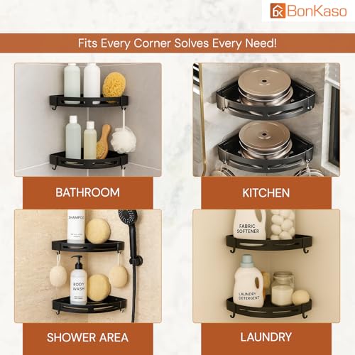 BonKaso 2 Pc – Black Aluminium Corner Bathroom Shelf | Heavy Duty Self Adhesive Wall Mounted Storage Rack | No Drilling Shower Organizer Stand for Shampoo, Soap & Bottles & Bathroom Accessories - Image 3