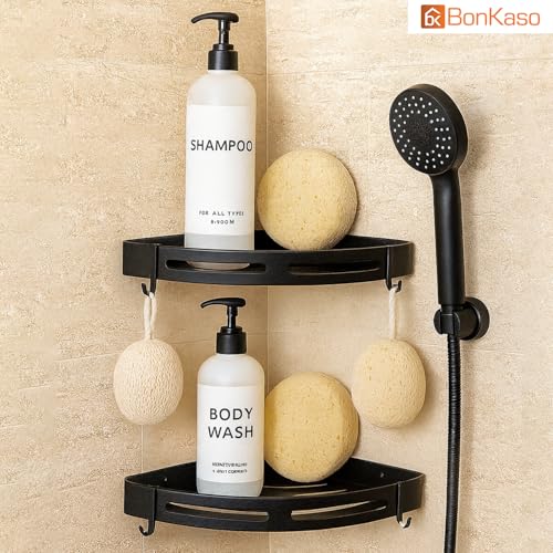 BonKaso 2 Pc – Black Aluminium Corner Bathroom Shelf | Heavy Duty Self Adhesive Wall Mounted Storage Rack | No Drilling Shower Organizer Stand for Shampoo, Soap & Bottles & Bathroom Accessories - Image 5
