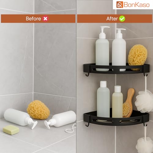 BonKaso 2 Pc – Black Aluminium Corner Bathroom Shelf | Heavy Duty Self Adhesive Wall Mounted Storage Rack | No Drilling Shower Organizer Stand for Shampoo, Soap & Bottles & Bathroom Accessories - Image 4
