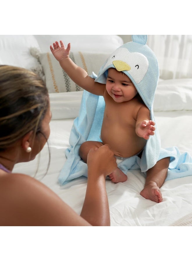 Gerber Gerber Baby 4 Piece Animal Character Hooded Towel and Washcloth Set, Blue Penguin, One Size  - Image 3