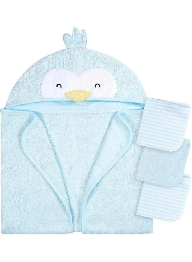 Gerber Gerber Baby 4 Piece Animal Character Hooded Towel and Washcloth Set, Blue Penguin, One Size  - Image 1