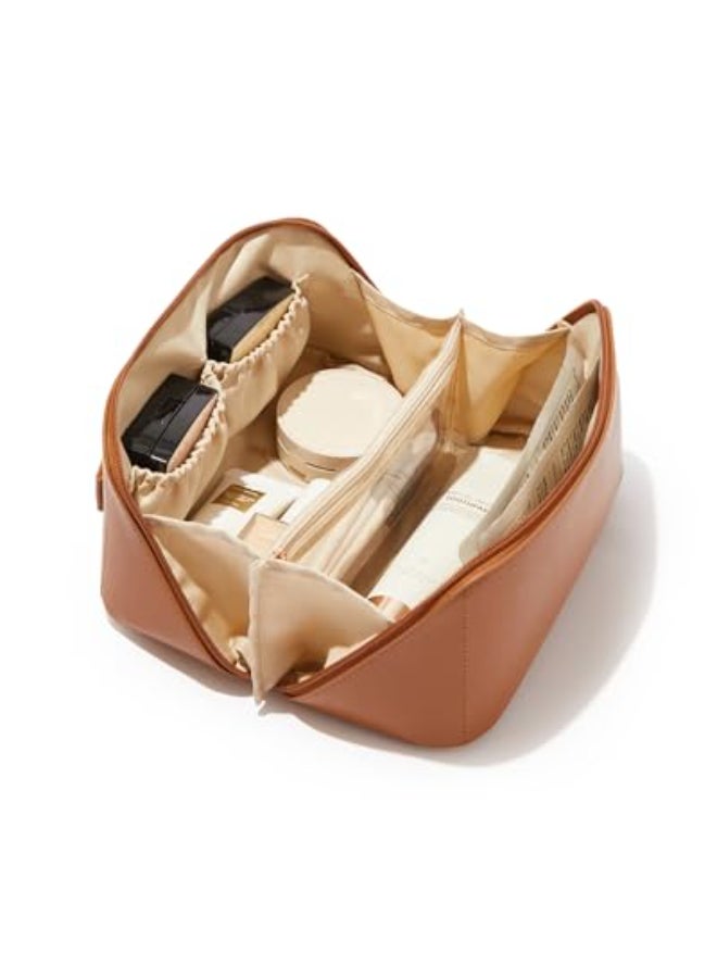 EACHY Travel Makeup BagLarge Capacity Cosmetic Bags for WomenWaterproof Portable Pouch Open Flat Toiletry Bag Make up Bag with Divider and Handle Gifts for Women Brown Medium - Image 1
