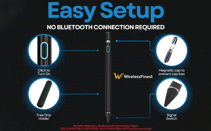 WirelessFinest Blue Stylus Pen Pencil, 1st Gen, Replacement for iPad Pro, iPad, iPad Mini, iPad Air, iOS, Android, Capacitive Touch Screen + Free Holder - Image 4