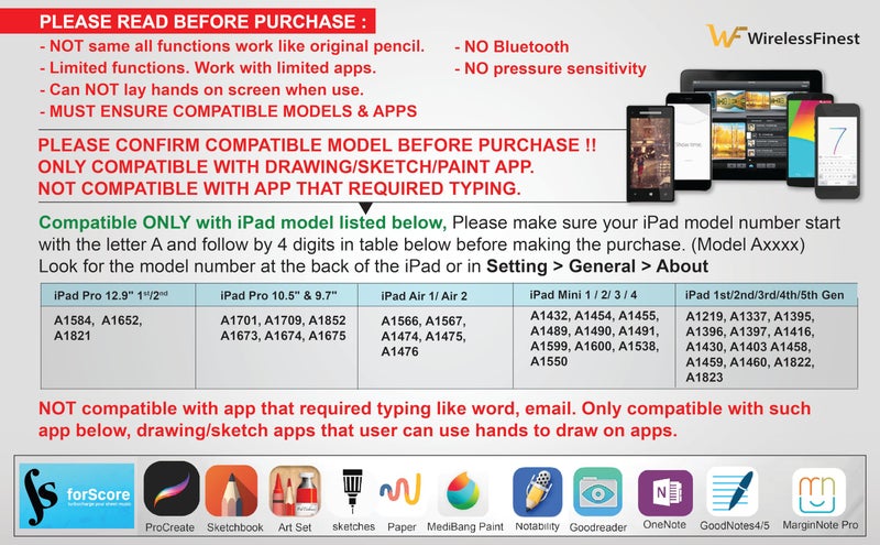 WirelessFinest Blue Stylus Pen Pencil, 1st Gen, Replacement for iPad Pro, iPad, iPad Mini, iPad Air, iOS, Android, Capacitive Touch Screen + Free Holder - Image 2