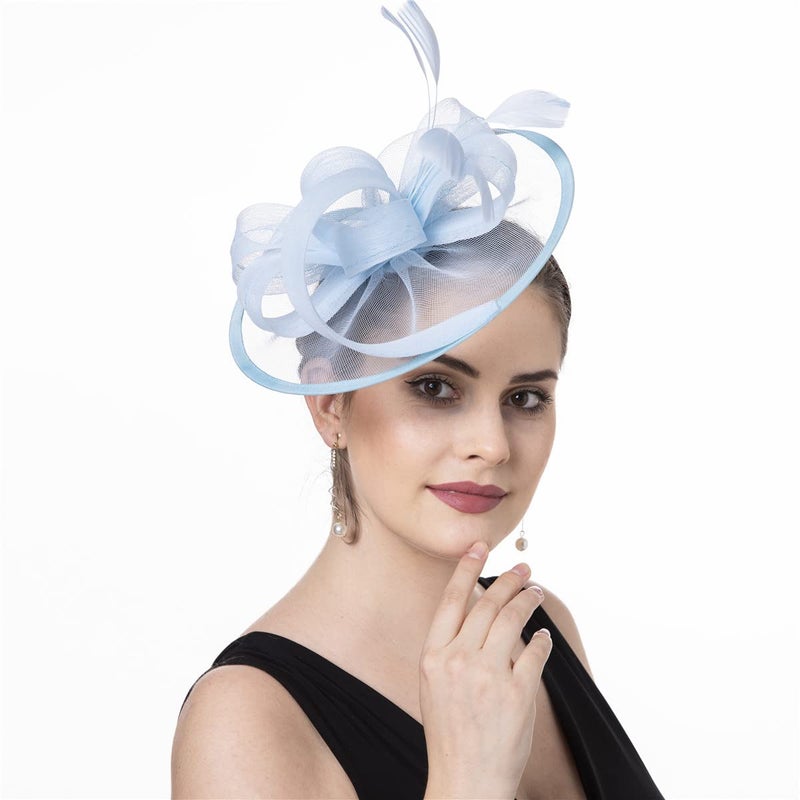 SAFERIN Vintage Fascinator Hat Women's Bridal Headpiece with Headband & Hair Clip for Tea Party (US, Alpha, Medium, SZ1-Light Blue) - Image 1
