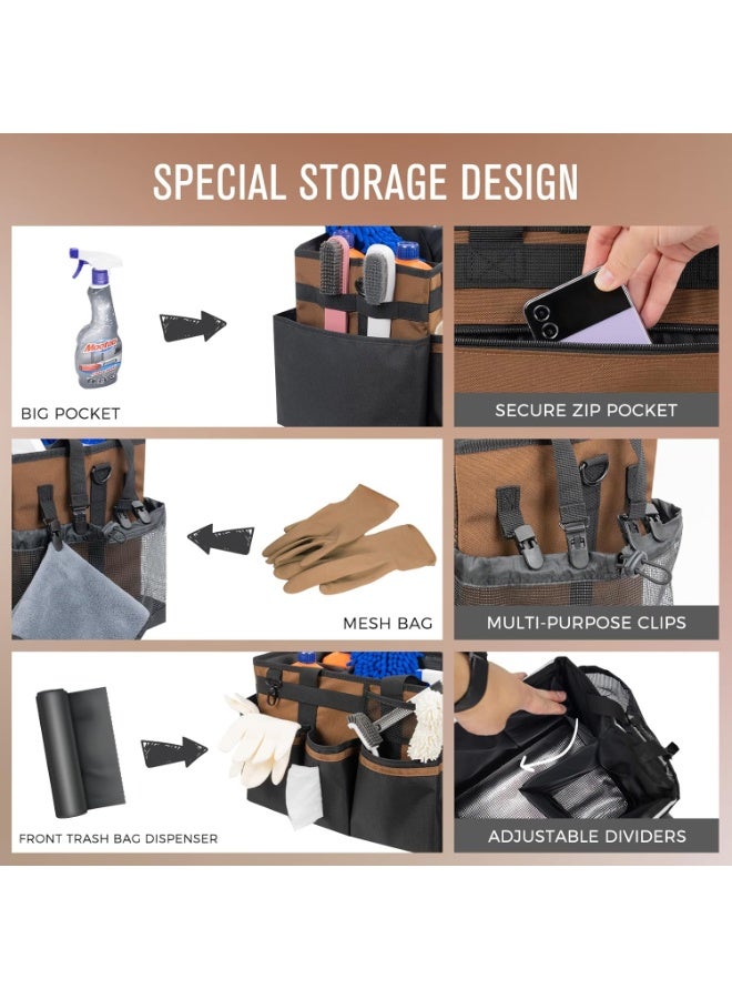 SCAVATA Wearable Cleaning Caddy, Cleaning Caddy Supplies Organizer with Handle & Shoulder Straps for Housekeepers, Under Sink & Car Cleaning Tool Organizers Bag with 4 Foldable Divider (Brown)  - Image 3