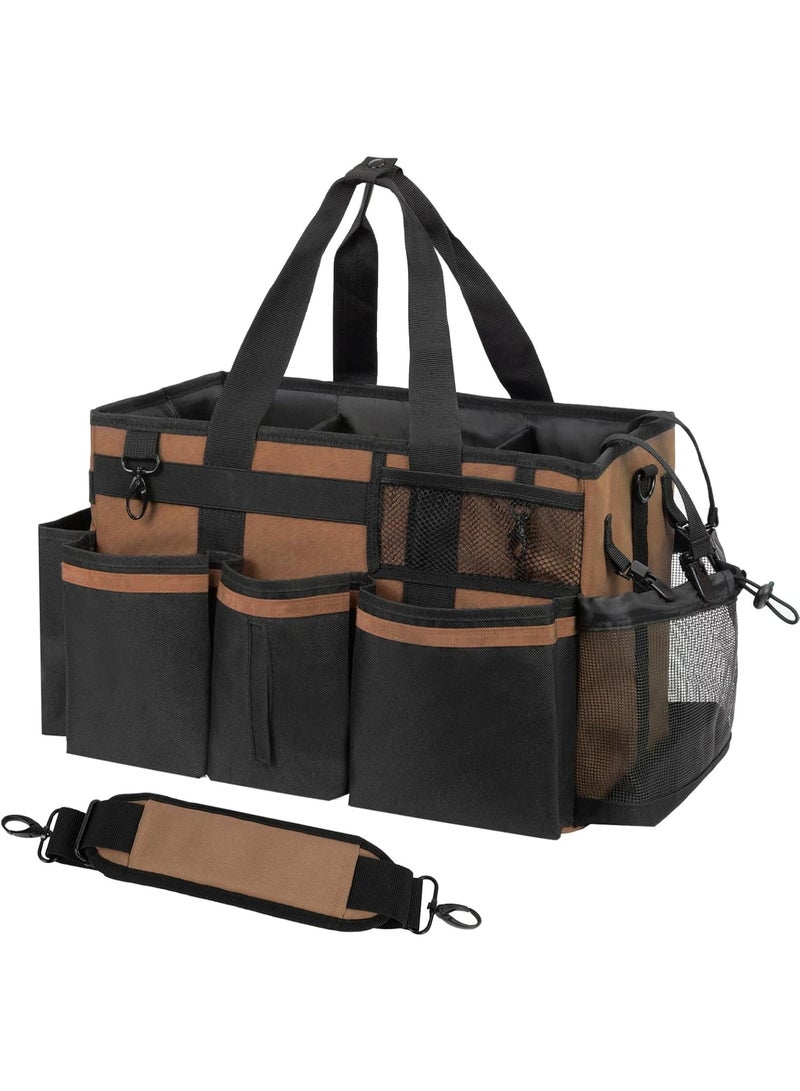 SCAVATA Wearable Cleaning Caddy, Cleaning Caddy Supplies Organizer with Handle & Shoulder Straps for Housekeepers, Under Sink & Car Cleaning Tool Organizers Bag with 4 Foldable Divider (Brown)  - Image 1
