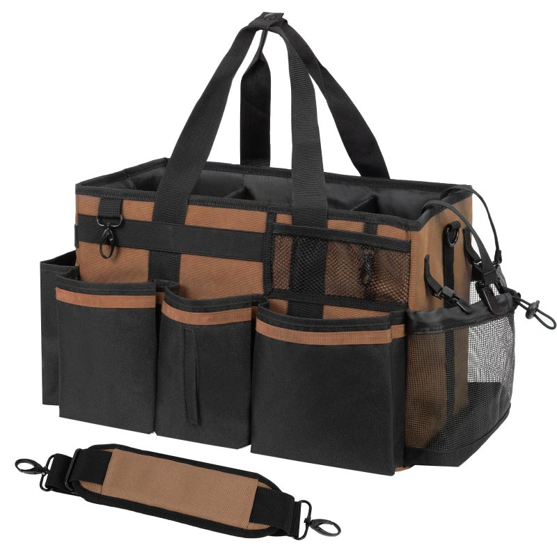 SCAVATA Wearable Cleaning Caddy, Cleaning Caddy Supplies Organizer with Handle & Shoulder Straps for Housekeepers, Under Sink & Car Cleaning Tool Organizers Bag with 4 Foldable Divider (Brown) - Image 1