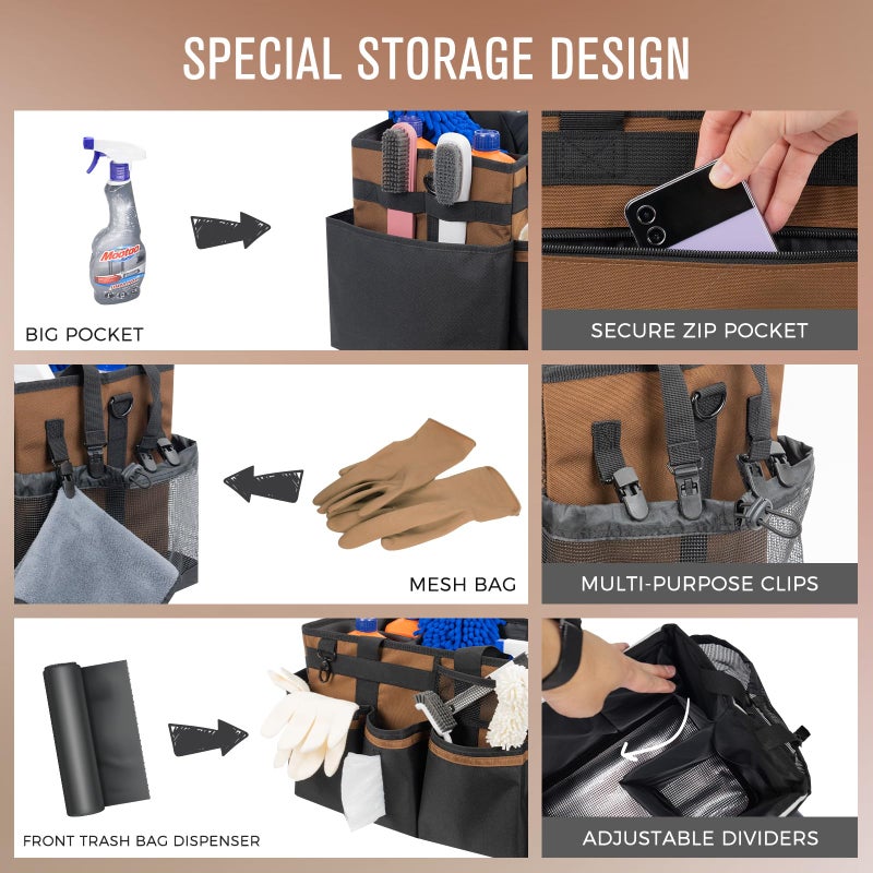 SCAVATA Wearable Cleaning Caddy, Cleaning Caddy Supplies Organizer with Handle & Shoulder Straps for Housekeepers, Under Sink & Car Cleaning Tool Organizers Bag with 4 Foldable Divider (Brown) - Image 2