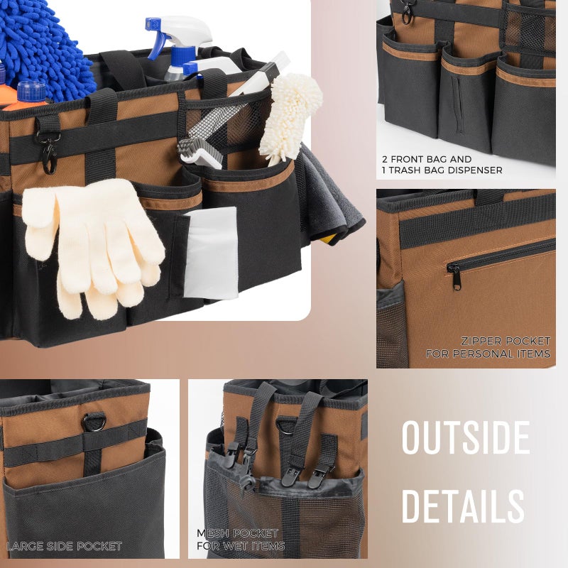 SCAVATA Wearable Cleaning Caddy, Cleaning Caddy Supplies Organizer with Handle & Shoulder Straps for Housekeepers, Under Sink & Car Cleaning Tool Organizers Bag with 4 Foldable Divider (Brown) - Image 3