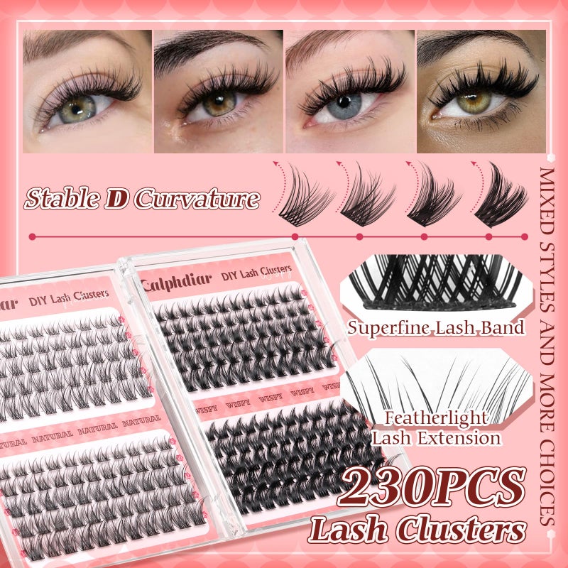 calphdiar Wispy Lash Clusters Natural Eyelash Clusters 230pcs Cluster Eyelash Extensions 4 Styles Individual Lashes 10-18mm Eyelashes DIY Lash Extension Natural Look Lash Cluster Wispy by calphdiar - Image 4