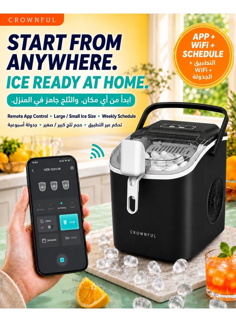 CROWNFUL Smart WiFi Countertop Ice Maker, App Remote Control & Scheduled Ice Making, 9 Bullet Cubes in 6 Minutes, 12kg/24H Portable Ice Machine, 1.2L Tank, 2 Sizes, Self-Cleaning, Black - Image 1