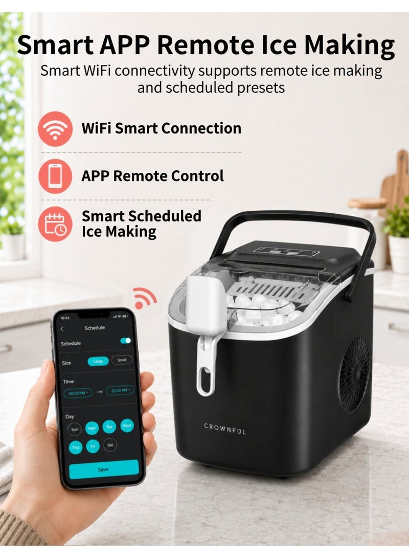 CROWNFUL Smart WiFi Countertop Ice Maker, App Remote Control & Scheduled Ice Making, 9 Bullet Cubes in 6 Minutes, 12kg/24H Portable Ice Machine, 1.2L Tank, 2 Sizes, Self-Cleaning, Black - Image 2