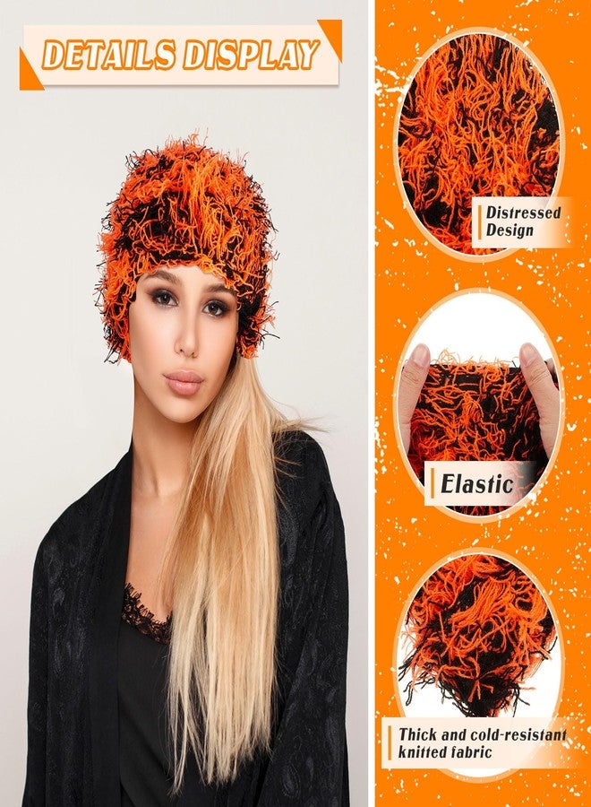 Chuarry Distressed Knitted Beanie Fuzzy Winter Hats Thick Warm Y2k Beanie Snow Knit Cap Skull for Women Men, Assorted Black Orange, One size - Image 3