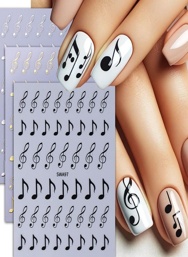 KTAABTR 6 Sheets Music Note Nail Stickers, 3D Self-Adhesive Nail Decals, Black Gold Silver Music Notes Nail Art Stickers for Women Girls DIY Manicure Tips Designer Nail Decoration Supplies - Image 4