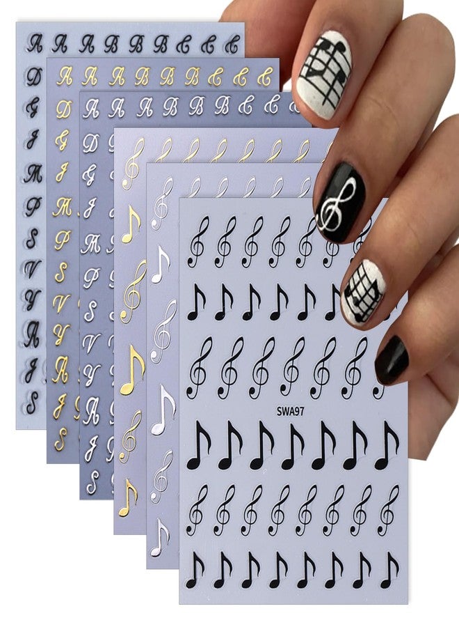 KTAABTR 6 Sheets Music Note Nail Stickers, 3D Self-Adhesive Nail Decals, Black Gold Silver Music Notes Nail Art Stickers for Women Girls DIY Manicure Tips Designer Nail Decoration Supplies - Image 1